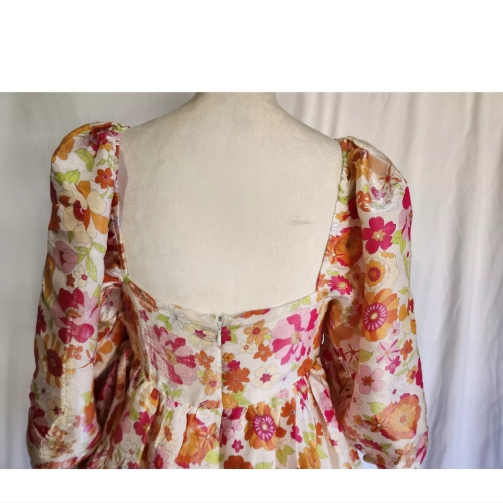 Anthropologie Multicolor Warm Floral Puff Sleeve Babydoll Dress Medium - Picture 4 of 7